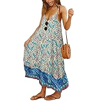 KIRUNDO Women's 2024 Summer Boho Floral Spaghetti Strap Maxi Dress V Neck High Waist Backless Flowy Beach Sundress