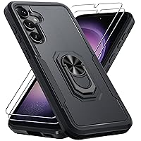 Janmitta for Samsung Galaxy S24 Case with Screen Protector[2 Pack],Heavy Duty Shockproof Full Body Protective Cover Built in Rotatable Metal Ring Holder Kickstand,2024 Black Matte