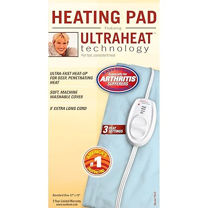 Sunbeam Heating Pad for Pain Relief | Standard Size Ultra Heat, 3 Heat Settings | Light Blue, 12 Inch x 15 Inch