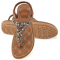 Ecetana Womens Sandals Dressy Flat Comfortable Casual Summer Thong Sandals with Ankle Elastic Beaded Bohemian Flats Slip On