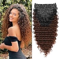 Natural Black to Brown Curly Clip In Hair Extension For Black Women Double Weft Hairpiece Synthetic Thick Hair Extension Clips Natural Looking Long 24 inch Deep Wave (T1B/30（Pack of 7）)