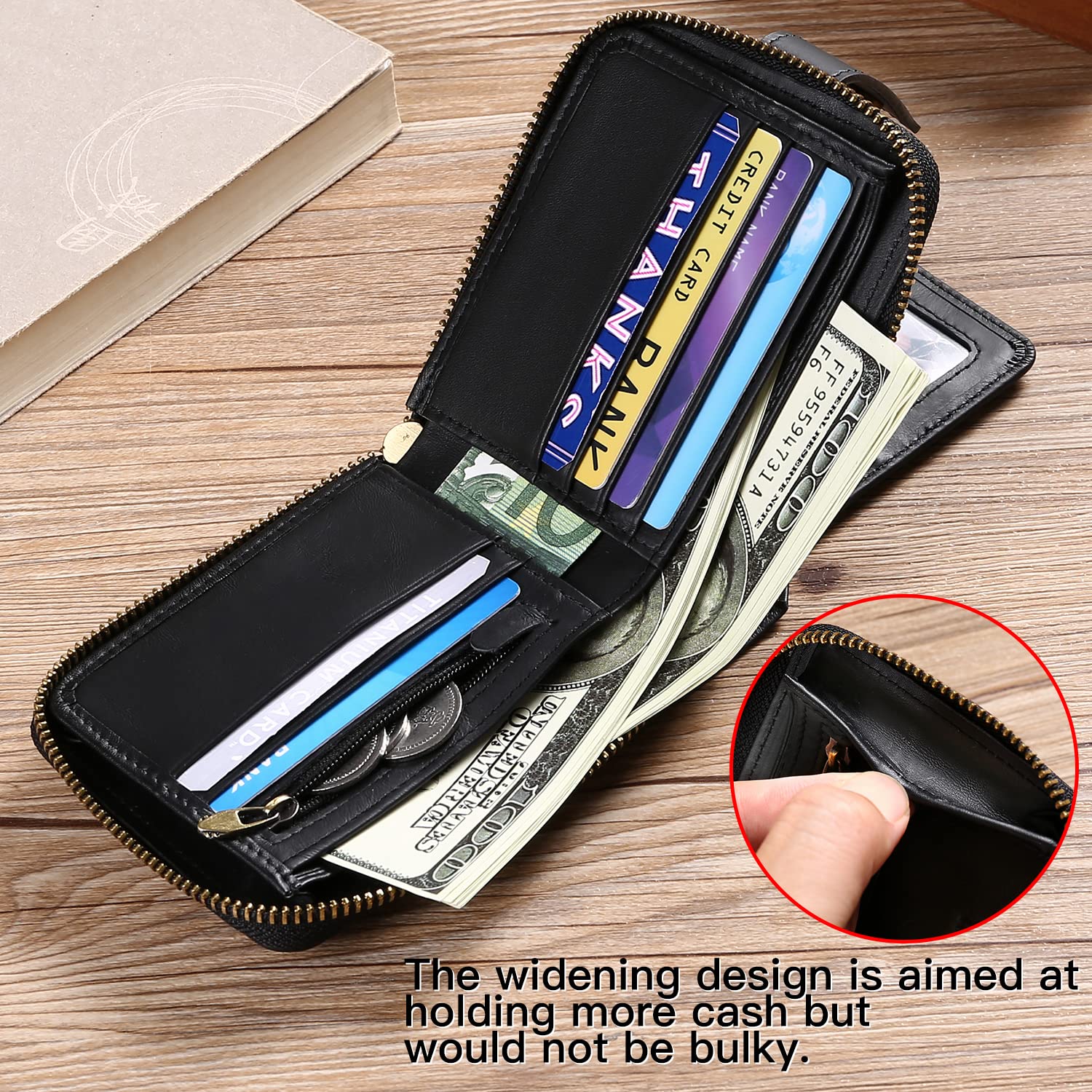 GOIACII Men Wallet Genuine Leather RFID Blocking Bi-fold Wallet for men with ID Window Zip Coin Pocket