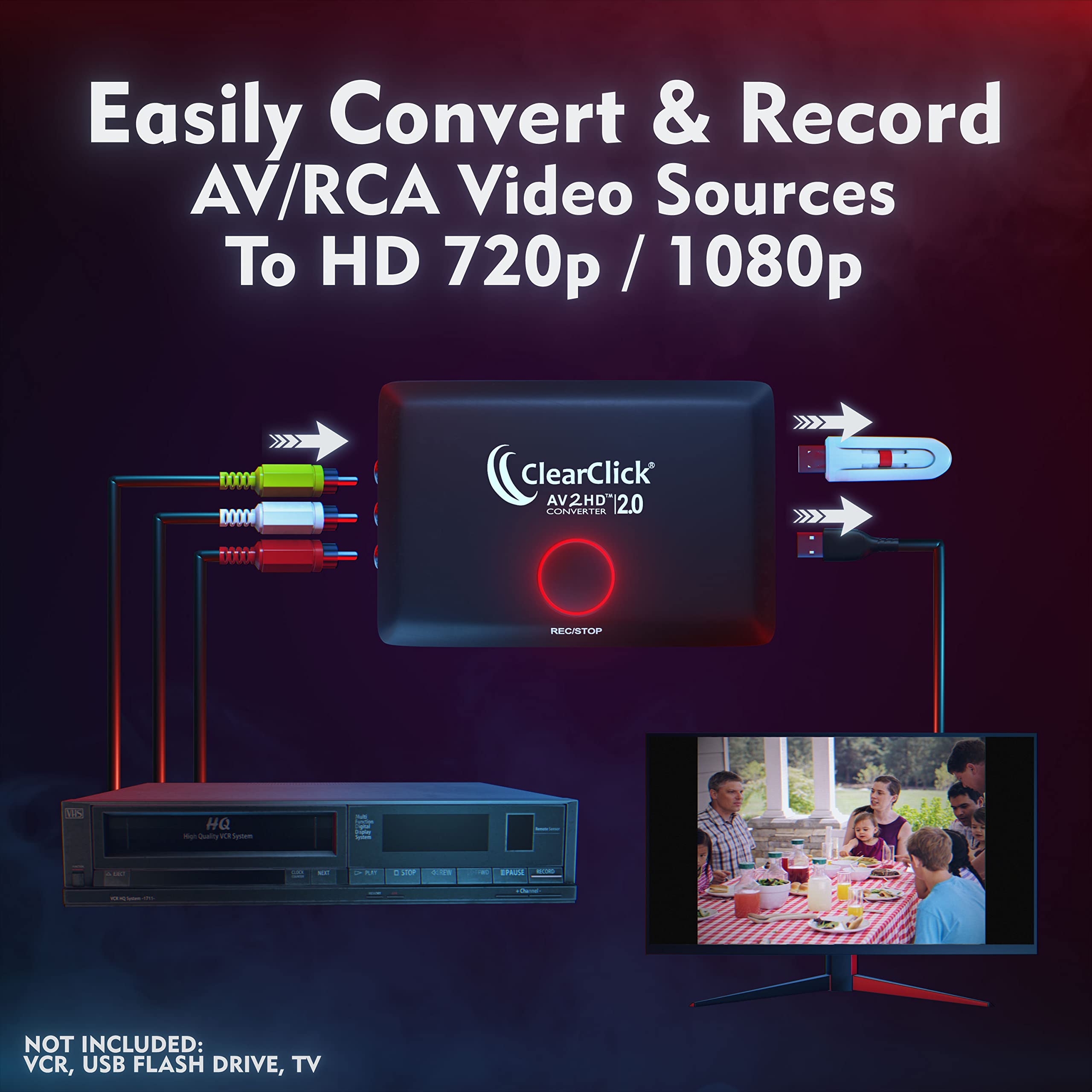 ClearClick AV to HD Converter & Recorder 2.0 (Second Generation) - AV RCA to HDMI Adapter to Convert & Record Video - for VCR, VHS, DVD, Camcorder, Hi8, Gaming to TV