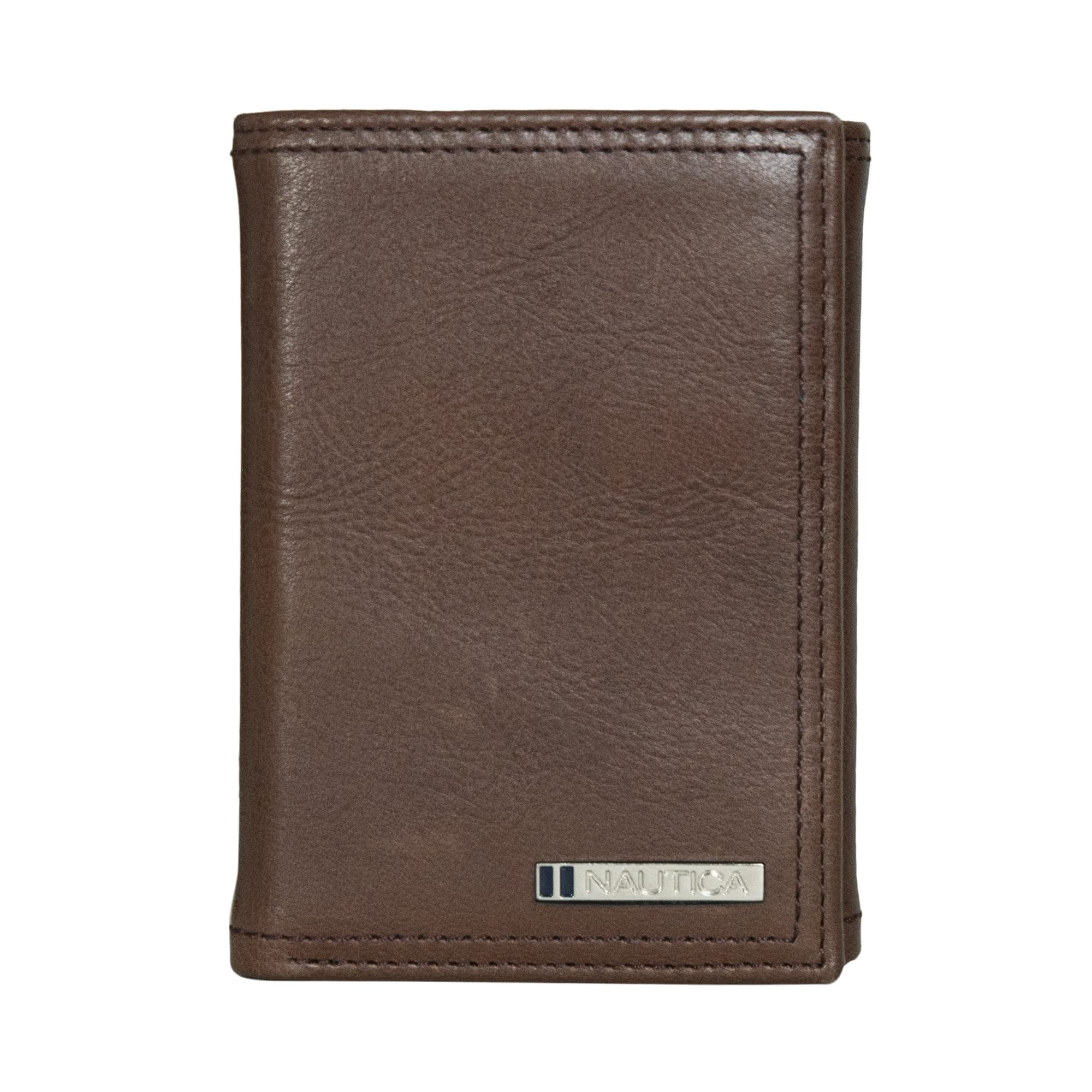Nautica Men's Enameled Logo Tumbled Leather Trifold Wallet with RFID Protection-Brown, One Size