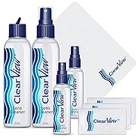 Clear View Lens Cleaner Kit | Includes 1 Flip-Top Refill Bottle (8 oz), 1 Spray Bottle (8 oz), 2 Spray Bottles (2 oz) and 4 Microfiber Cloths | Safe on All Lenses | Scientifically Formulated