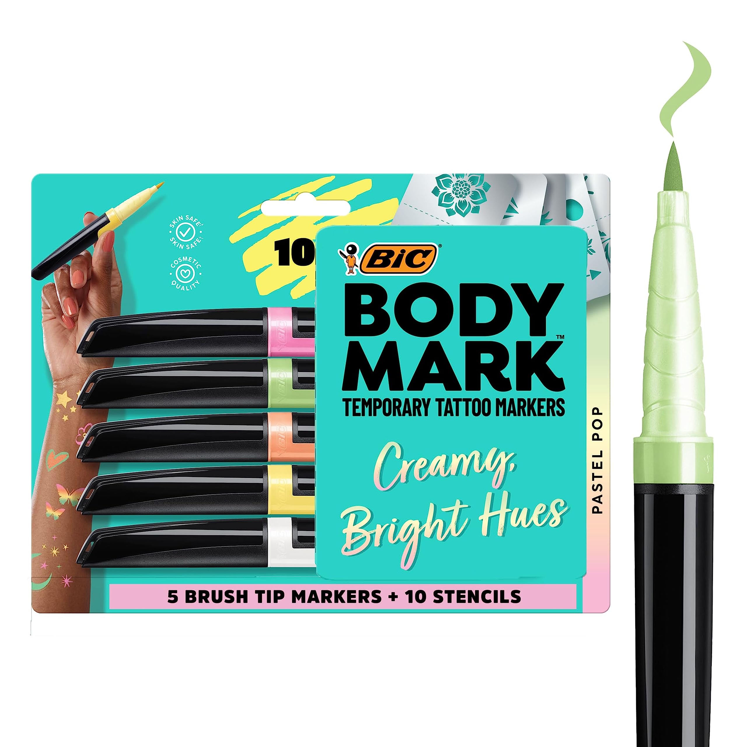 BodyMark BIC Body Art Markers, Pastel Pop (MTPBP5-AST), Flexible Brush Tip, 5-Count Pack of Assorted Colors, Skin-Safe*, Cosmetic Quality
