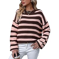 Flygo Womens Oversized Striped Knit Sweater Long Sleeve Crewneck Loose Color Block Pullover Sweaters