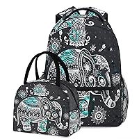 ZZKKO Indian Elephant Tribal Backpack for Kids Boys Primary School Backpack with Lunch Box Middle High School Bookbag Set of 2