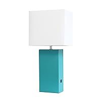 LT1053-TEL Modern Leather Table Lamp with USB and White Fabric Shade, Teal (Pack of 1)