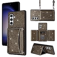 Wallet Case for Samsung Galaxy A25 5G/A24 4G/M34 /F34 with Shoulder Strap, 6 Card Slots Thin Slim Flip Purse, Card Holder Stand Sparkly Glitter Bling Cell Phone Cover for A 25 25A 24A LTE Grey