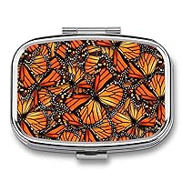 Small Beautiful Orange Monarch Butterfly Pill Box with 2 Compartment, Mini Pill Case Metal Rectangle Pill Holder Porable Medicine Pill Organizer for Pocket