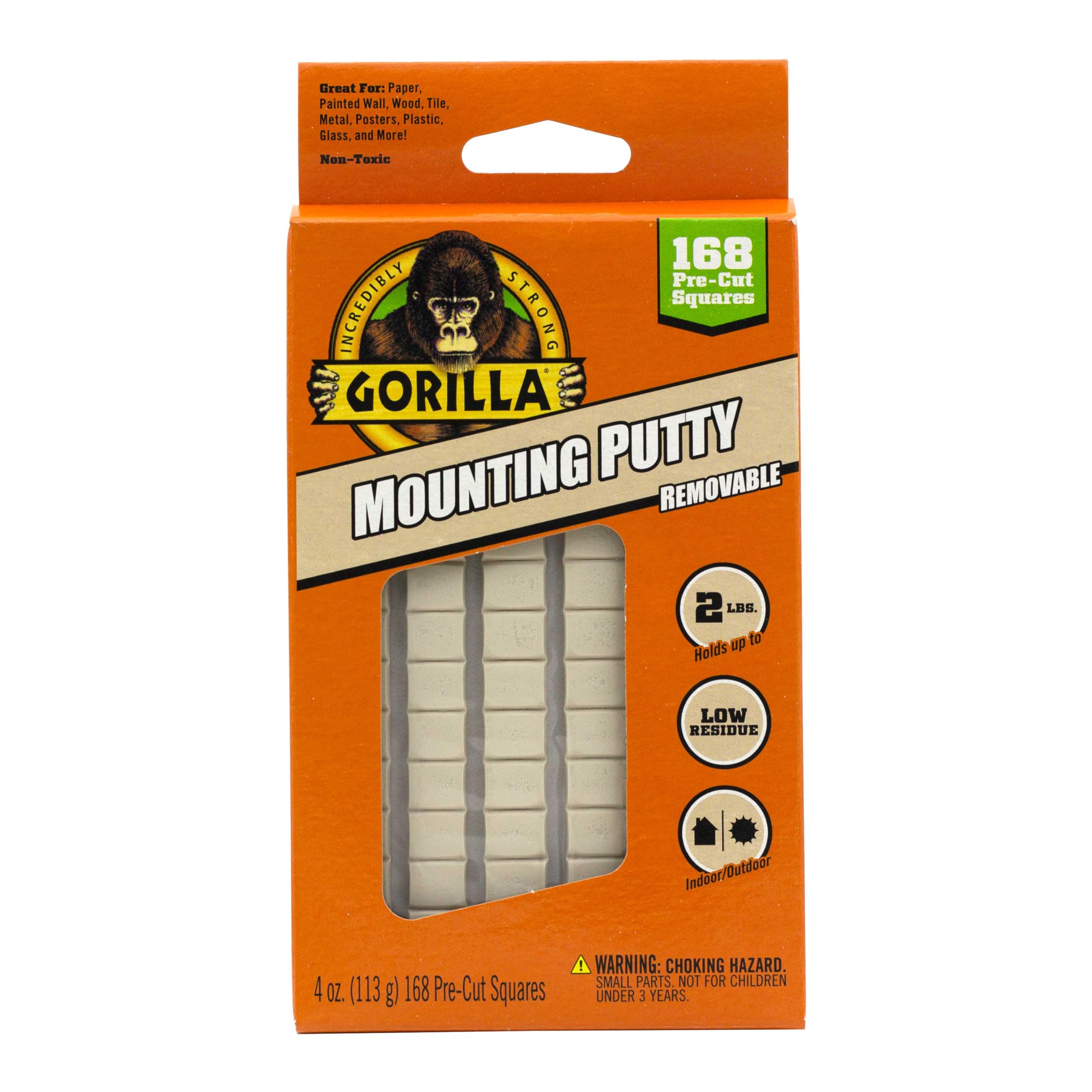 Gorilla Mounting Putty, Non-Toxic Hanging Adhesive, Removeable & Repositionable, 168 Pre-Cut Squares, 4oz/113g, Natural Tan Color, (Pack of 1)