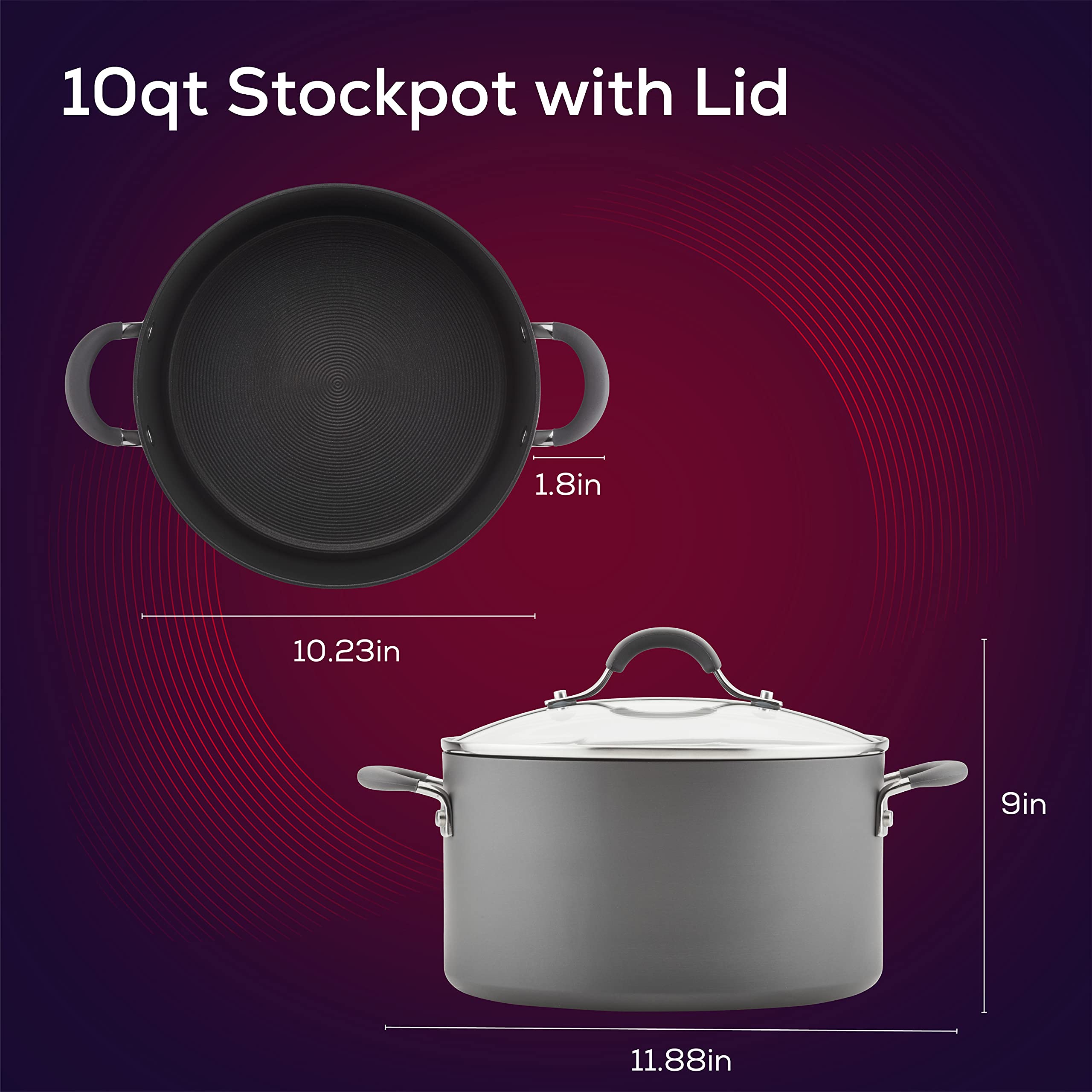 Circulon 83909 Radiance Hard Anodized Nonstick Stock Pot/Stockpot with Lid - 10 Quart, Gray