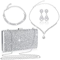 Mixweer 4 Pieces Clutch Purses Bag for Women Evening Rhinestone Jewelry Set Bling Necklace Earrings Bracelets Set for Wedding