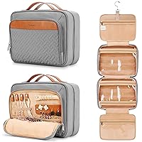 Travel Hanging Toiletry Bag for Women, Holds Full-Size Shampoo, with Jewelry Organizer Compartment, Extra Large Makeup Bag, Waterproof Cosmetic Bag, Toiletries Kit Set with Trolley Belt, Grey