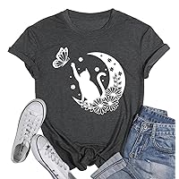 Cat T Shirts for Women Moon Cat Shirt Cat Lover Gift Shirts Mystical Cat on Floral Moon Tshirt Mystical Graphic Tee Top