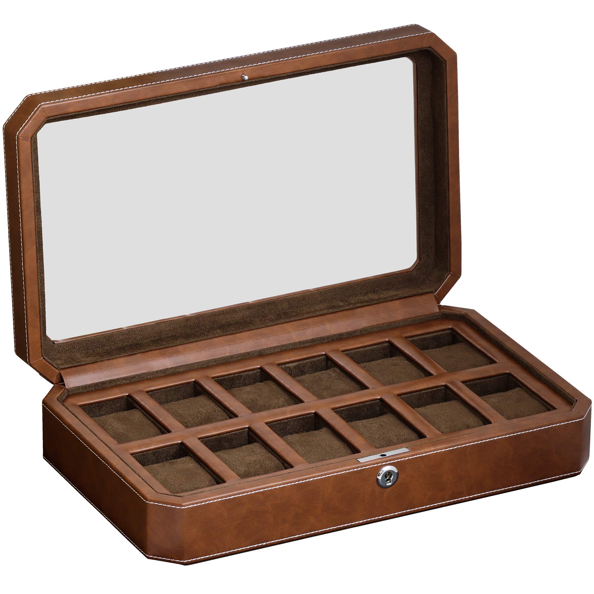 ROTHWELL 12 Slot Leather Watch Box - Luxury Watch Case Display Organizer, Microsuede Liner, Locking Mens Jewelry Watches Holder, Men's Storage Boxes Holder Large Glass Top (Tan/Brown)