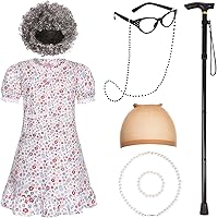 Old Lady Costume for Kids Girls 100 Days of School Costume with Accessories, Halloween Party Dress Up