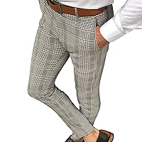 Men's Plaid Stretch Dress Pants Stripe Skinny Fit Flat Front Formal Pant Casual Slim Business Pencil Trouser