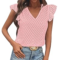Tops for Women Trendy Summer, Women's Fashion Solid Color V Neck Ruffle Sleeve Fresh Sweet Top 2024, S, XL