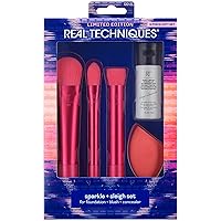 Real Techniques Limited Edition Sparkle + Sleigh Makeup Brush & Sponge Kit, Makeup Spone Blender & Face Brushes For Flawless Finish, 5 Piece Holiday Gift Set