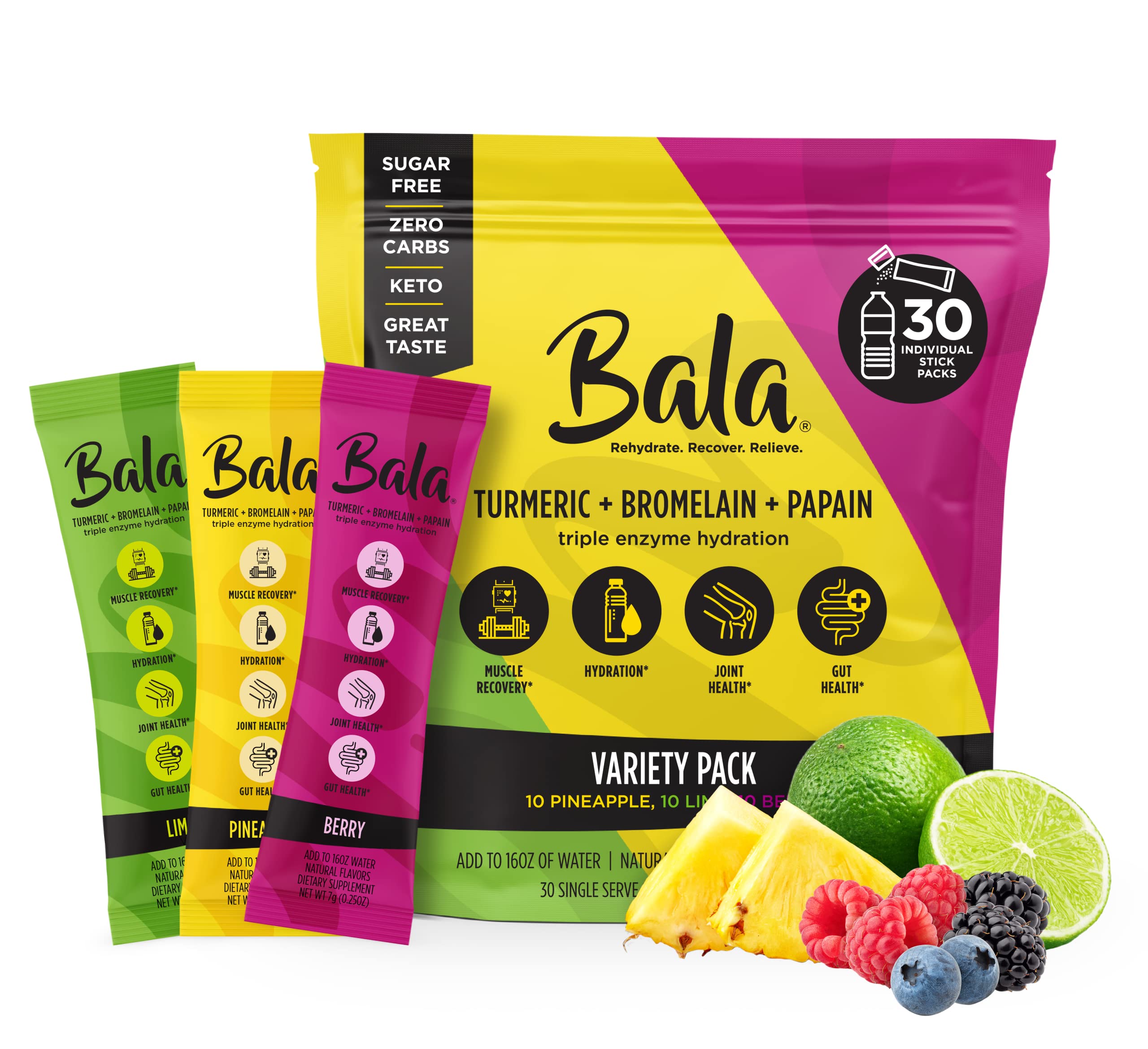 BALA Hydration Turmeric Drink Mix Packet|Sugar Free Electrolyte Powder, Muscle Recovery, Immune Support, Joint Relief|Zero Sugar, Plant-Based Enzymes, Bromelain, Papain, Curcumin(Variety 30 Pack)
