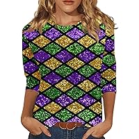 Mardi Gras Shirt for Women 3/4 Sleeve Carnival Themed Outfit Party Tops Mask Graphic Tunic Tops Crewneck Parade Blouse Tshirt