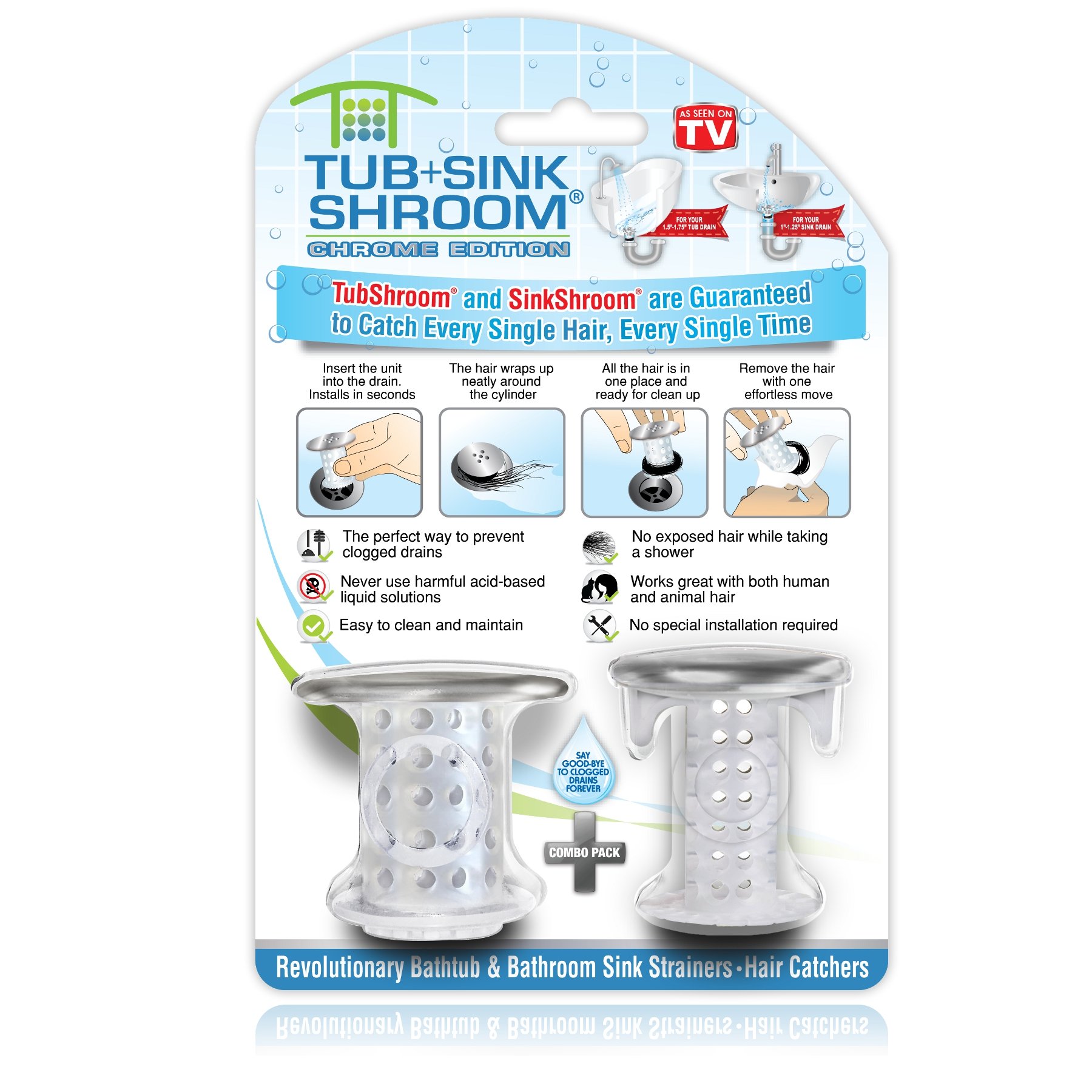 TubShroom and SinkShroom Drain Protectors Hair Catchers for Bathtubs and Sinks, Chrome