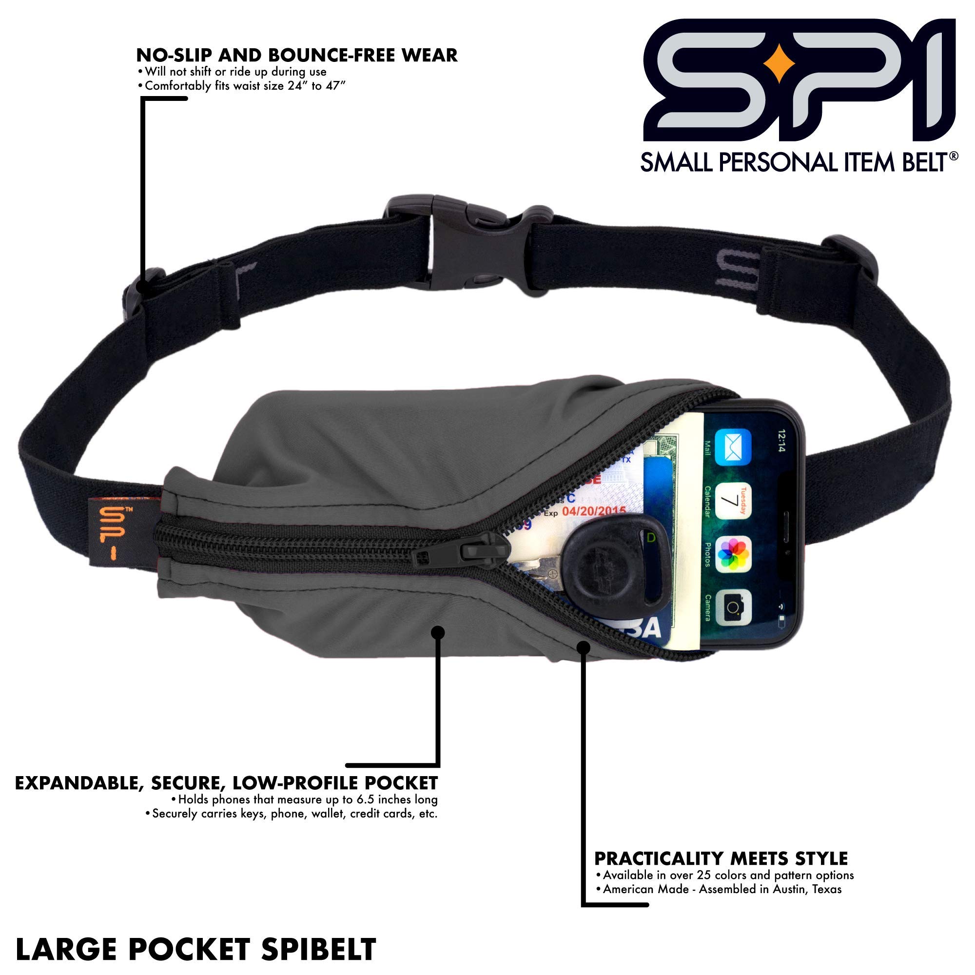 SPIbelt Large Pocket Running Belt for Adults, Expandable Pocket, Adjustable Waist, No Bounce, Black with Black Zipper