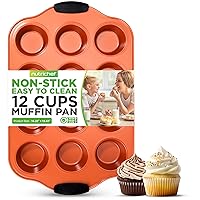 12 Cup Muffin Non Stick Baking Pan, Deluxe Copper Carbon Steel Bake Pan with Black Silicone Handles, Commercial Grade Restaurant Quality Metal Bakeware, Compatible with Model NCSBS52S