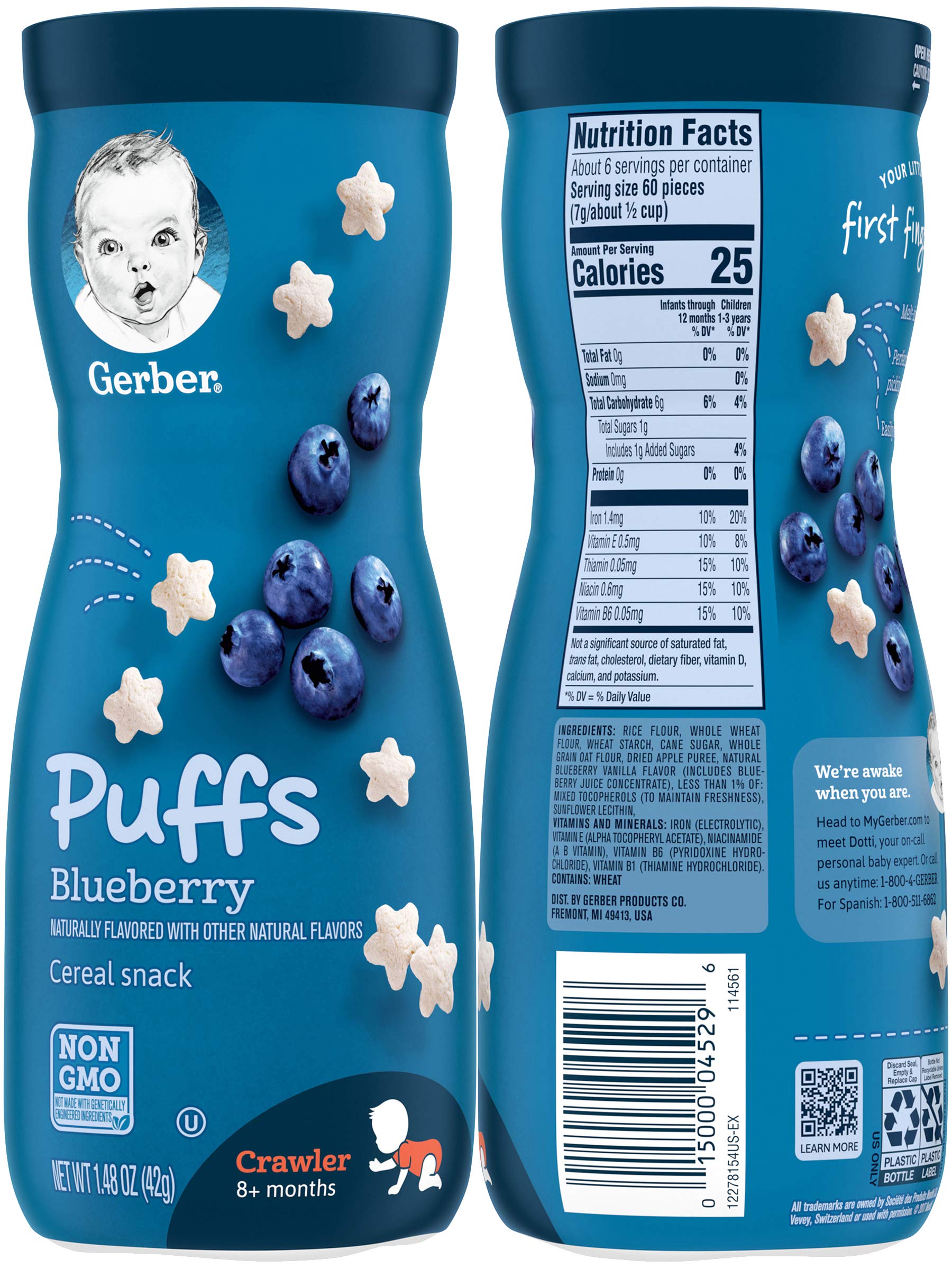 Gerber Graduates Puffs Cereal Snack, Variety (Blueberry, Apple Cinnamon, Vanilla, Strawberry Apple)1.48 Oz,(Pack -4)