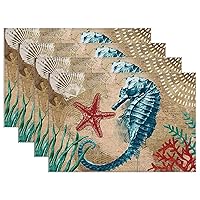 Bulk Placemats Oxford Fabric Coastal Placemats Blue Green Sea Turtle Sea Animal Landscape Solid Placemats 12x18 Inch Boho Placemats Set of 6 Heat Resistant Stain Resistant Non-Slip