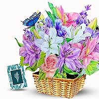 Large Paper Flower Basket Card, Pop Up Cards, 10 inches with Note Card and Envelope - Fairy Garden