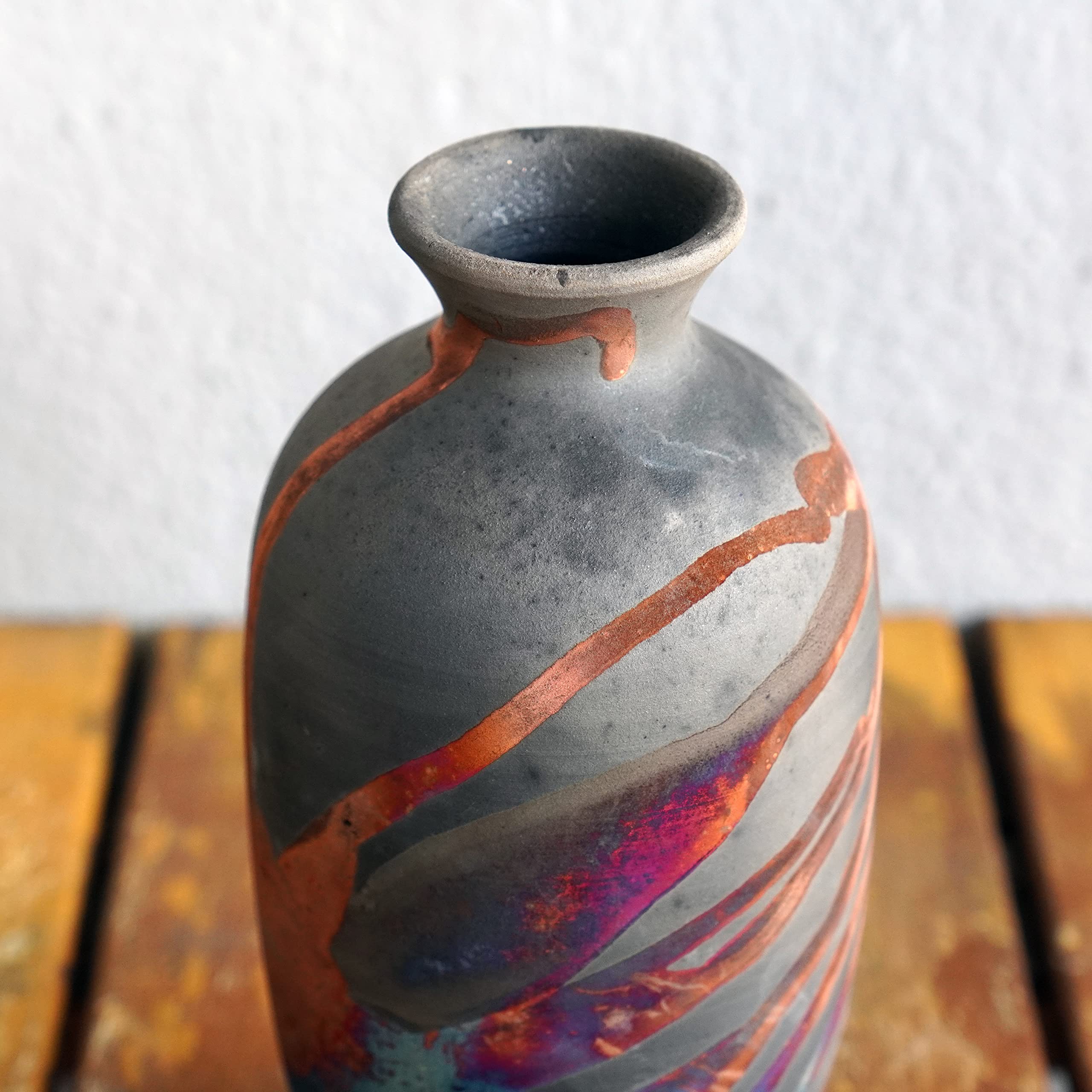 RAAQUU Koban 7 inch Raku Ceramic Pottery Vase - Carbon Half Copper Matte Raku Pottery with Water Tube Gifts for her mom, Boho, Home Decor