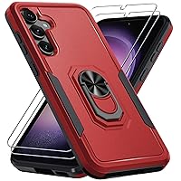 Janmitta for Samsung Galaxy S24 Case with Screen Protector[2 Pack],Heavy Duty Shockproof Full Body Protective Cover Built in Rotatable Metal Ring Holder Kickstand,2024 Red