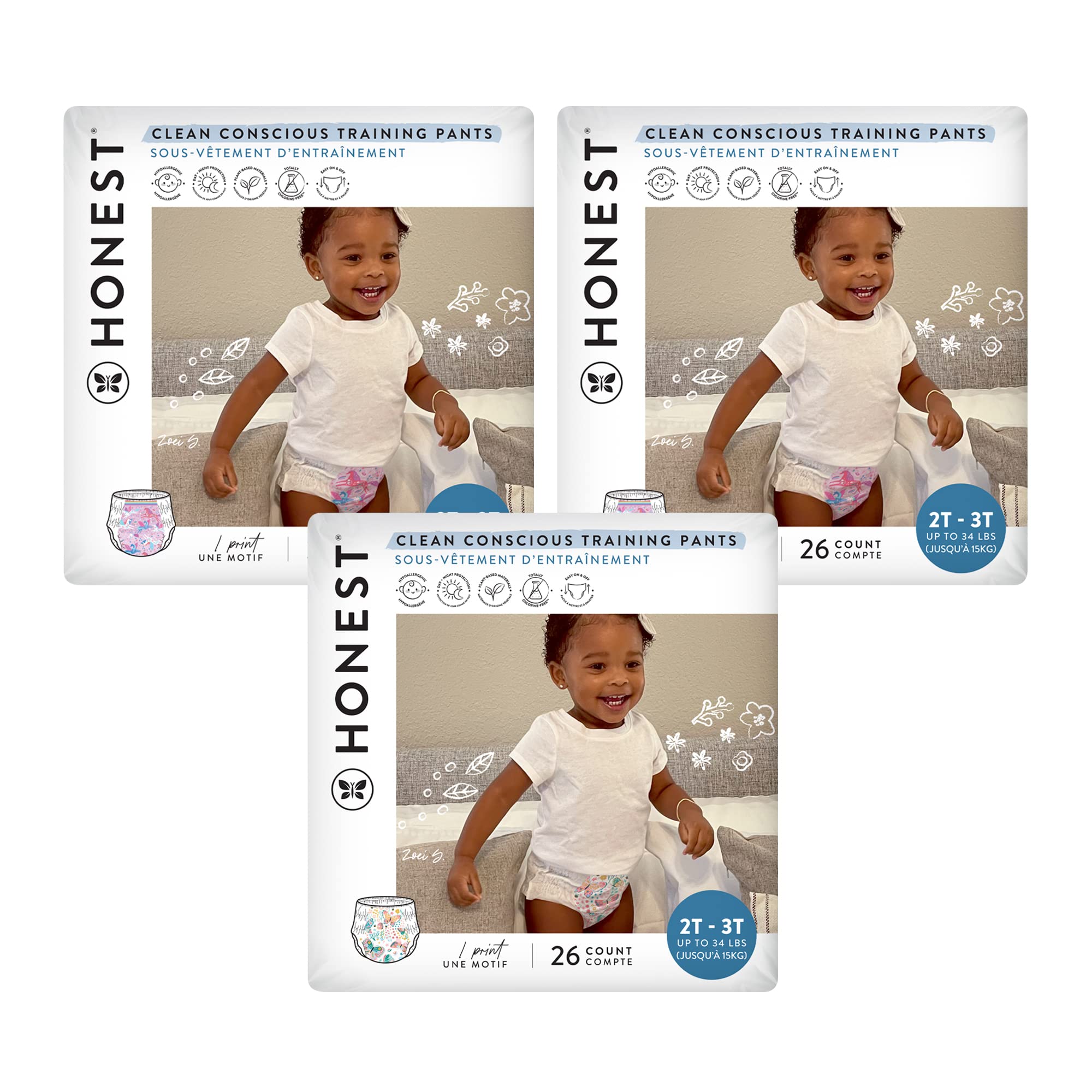 The Honest Company Clean Conscious Training Pants | Plant-Based, Sustainable Diapers | Magical Moments + Butterfly Kisses | Size 2T/3T (34- lbs), 78 Count