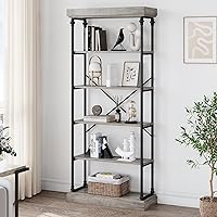 IDEALHOUSE Industrial Bookshelf Wood Bookcase 6 Tier Storage Open Rack Shelf with Metal Frame Rustic Tall Standing Bookshelves Large Grey Display Rack for Bedroom,Living Room and Home Office