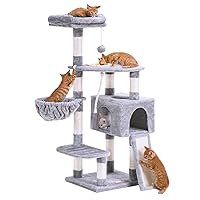 Heybly Cat Tree, Cat Tower for Indoor Cats with Scratching Board, Multi-Level Cat Furniture Condo with Feeding BowlLight Gray HCT010W