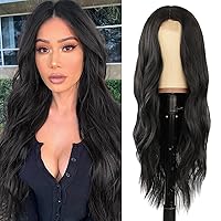 Long Black Wavy Wig for Women 26 Inch Middle Part Curly Wavy Wig Natural Looking Synthetic Heat Resistant Fiber Wig for Daily Party Use (Natural Black)