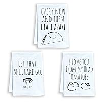 Moonlight Makers Funny Dish Towels, Set of 3, Funny Kitchen Towels, Flour Sack Kitchen Towel, Sweet Housewarming Gift, Farmhouse Kitchen Décor (Taco, Shiitake, Tomatoes)