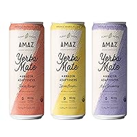 AMAZ Organic Sparkling Yerba Mate Tea with Adaptogens for Natural Energy, Focus, & Immunity | Plant-based | Zero Calories | Zero Sugar | Vegan | Lightly Sweetened with Monk Fruit | 80mg Organic Caffeine | Sustainably Sourced from Regenerative Agroforestry (Variety Pack)