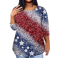 Womens Fourth of July Outfit, Womens Plus Size Tops Casual Tops for Women Women's Casual Independence Day Printing Blouse 3/4 Sleeve Shirt Fashion Round Neck Summer Plus Size (Deep Red,5X-Large)