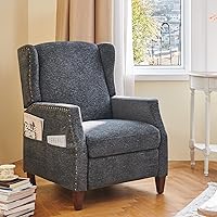 COLAMY Wingback Pushback Recliner Chair with Storage Pocket, Upholstered Fabric Living Room Chair Armchair, Single Reclining Sofa with Wood Legs and Nailhead Trim for Home/Bedroom, Dark Grey