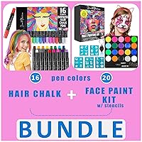 Jim&Gloria Dustless Hair Chalk for girl, Temporary Color Dye + Face Painting Kit 20 Colors Includes Stencils, Glow in The Dark & Metallic Colors and Brushes