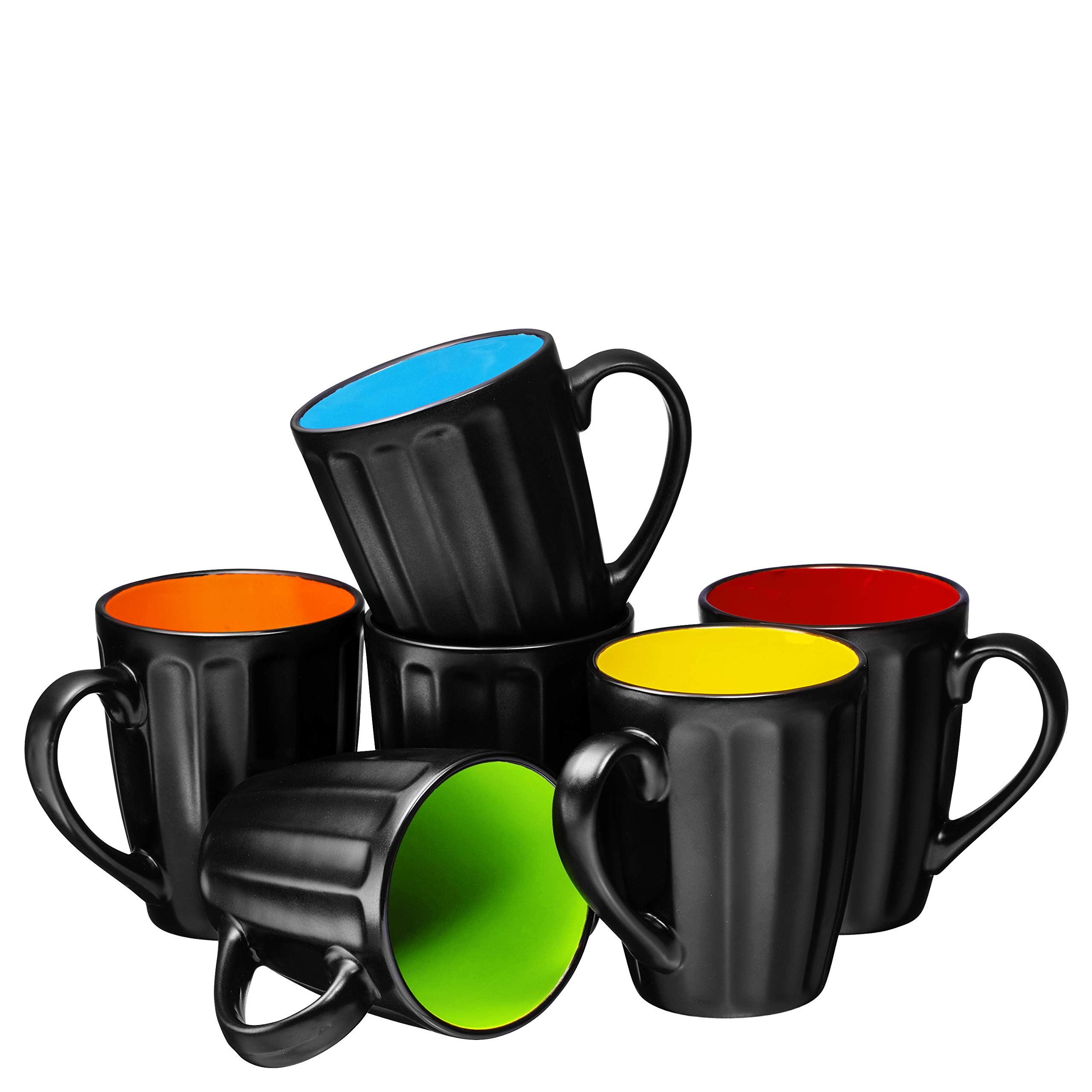 Set of 6 Large-sized 16 Ounce Ceramic Coffee Grooved Mugs, Matte Black