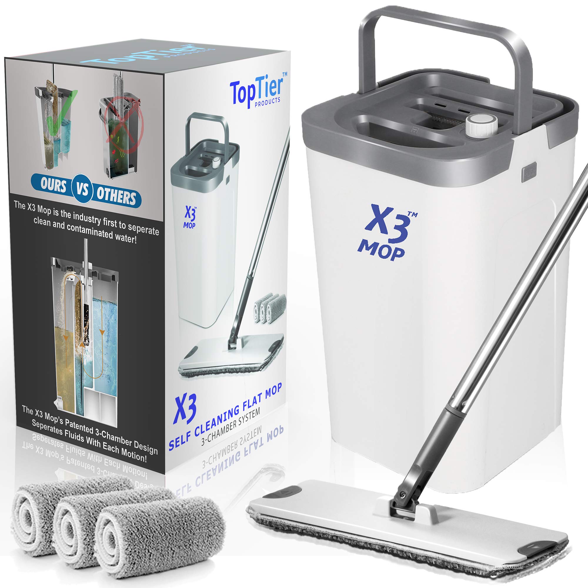 X3 Mop, Separates Dirty and Clean Water, 3-Chamber Design, Flat Mop and Bucket Set, Hands Free Home Floor Cleaning, 3 Reusable Microfiber Mop Pads Included