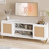 IDEALHOUSE White Cabinet, Rattan TV Stand for 65 Inch TV, Modern Storage Media Console Table for Living Bedroom