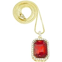 Ruby Red Square Stone Gold Color Pendant with 30 Inch Box Link Necklace