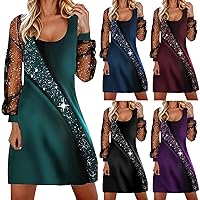 Sequin Spring/Summer Fashion Print Dress Mesh Patchwork Casual Dress U Neck Long Sleeve Comfy Dresses for Young Women