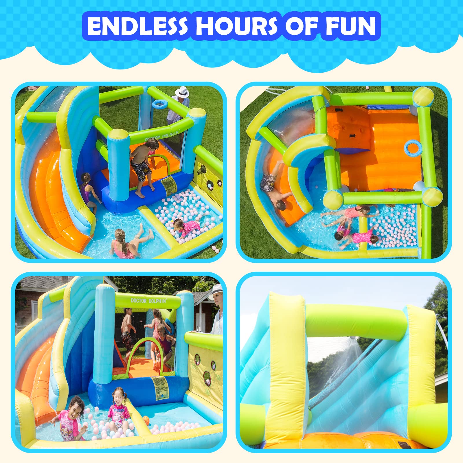 Doctor Dolphin Inflatable Water Slides for Kids Backyard, Bounce House with Waterslide, Blow Up Kids Water Slide, Inflatable Water Park Outdoor for Wet and Dry.